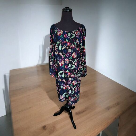 Democracy Black Floral Button Back Dress Med Boho Flowy Lightweight Half Sleeve - Picture 1 of 9
